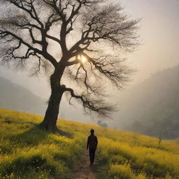 A picturesque sunrise illuminating a Himalayan landscape, verdant grassy hills adorned with mustard flowers, speckled with cherry trees and a colossal tree. Light evaporates morning fog as a tall boy walks, silhouetted against the blooming day