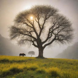 A picturesque sunrise illuminating a Himalayan landscape, verdant grassy hills adorned with mustard flowers, speckled with cherry trees and a colossal tree. Light evaporates morning fog as a tall boy walks, silhouetted against the blooming day