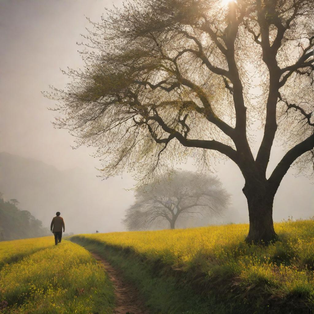 A picturesque sunrise illuminating a Himalayan landscape, verdant grassy hills adorned with mustard flowers, speckled with cherry trees and a colossal tree. Light evaporates morning fog as a tall boy walks, silhouetted against the blooming day