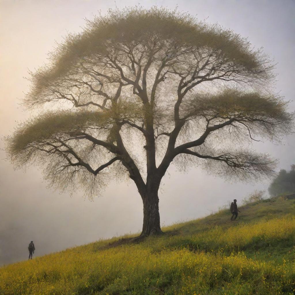 A picturesque sunrise illuminating a Himalayan landscape, verdant grassy hills adorned with mustard flowers, speckled with cherry trees and a colossal tree. Light evaporates morning fog as a tall boy walks, silhouetted against the blooming day