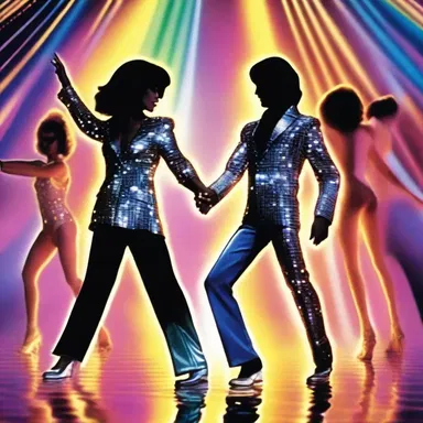 The main characters in the movie disco their way through the dazzling dance floor scene.