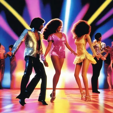 The main characters in the movie disco their way through the dazzling dance floor scene.
