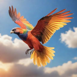 A vibrant, charismatic video game bird in mid-flight across a serene sky, with soft cloud backdrops and the warm embrace of sunlight showcasing its glorious color palette and detailed feathers.