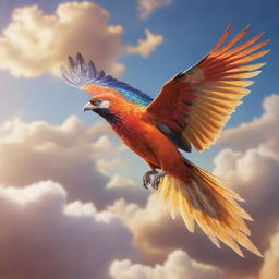 A vibrant, charismatic video game bird in mid-flight across a serene sky, with soft cloud backdrops and the warm embrace of sunlight showcasing its glorious color palette and detailed feathers.