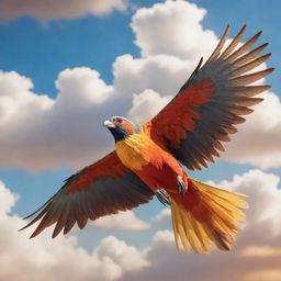 A vibrant, charismatic video game bird in mid-flight across a serene sky, with soft cloud backdrops and the warm embrace of sunlight showcasing its glorious color palette and detailed feathers.