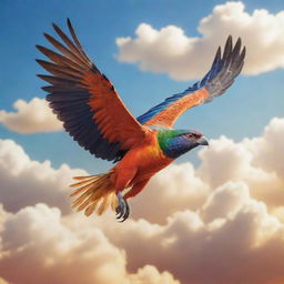 A vibrant, charismatic video game bird in mid-flight across a serene sky, with soft cloud backdrops and the warm embrace of sunlight showcasing its glorious color palette and detailed feathers.