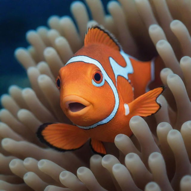 A cute Nemo, the clownfish from Finding Nemo, swimming happily in the coral reef