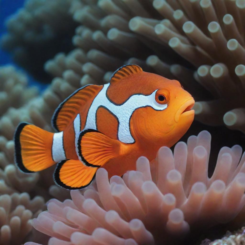 A cute Nemo, the clownfish from Finding Nemo, swimming happily in the coral reef