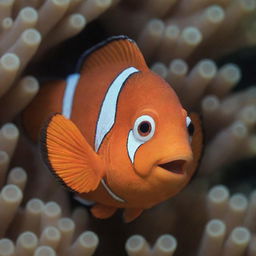 A cute Nemo, the clownfish from Finding Nemo, swimming happily in the coral reef