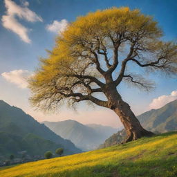 A vivid landscape at sunrise featuring verdant grassy Himalayan hills dotted with mustard flowers, cherry trees, and a giant tree. A 6.3 feet tall boy walks towards the mountains under a blue sky with light clouds.