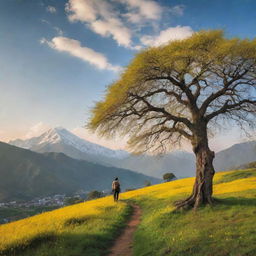 A vivid landscape at sunrise featuring verdant grassy Himalayan hills dotted with mustard flowers, cherry trees, and a giant tree. A 6.3 feet tall boy walks towards the mountains under a blue sky with light clouds.