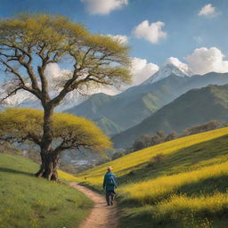 A vivid landscape at sunrise featuring verdant grassy Himalayan hills dotted with mustard flowers, cherry trees, and a giant tree. A 6.3 feet tall boy walks towards the mountains under a blue sky with light clouds.