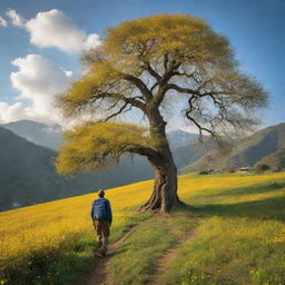 A vivid landscape at sunrise featuring verdant grassy Himalayan hills dotted with mustard flowers, cherry trees, and a giant tree. A 6.3 feet tall boy walks towards the mountains under a blue sky with light clouds.