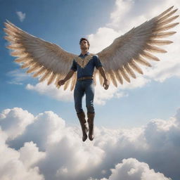 A video game character man sprouting magnificent wings, soaring through the sprawling sky with layers of clouds. His wings catch the sunlight, emphasising his majestic and fantastical persona.