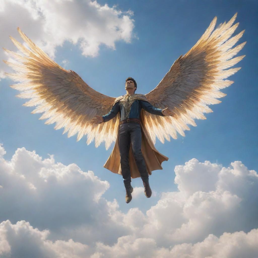 A video game character man sprouting magnificent wings, soaring through the sprawling sky with layers of clouds. His wings catch the sunlight, emphasising his majestic and fantastical persona.