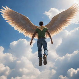 A video game character man sprouting magnificent wings, soaring through the sprawling sky with layers of clouds. His wings catch the sunlight, emphasising his majestic and fantastical persona.