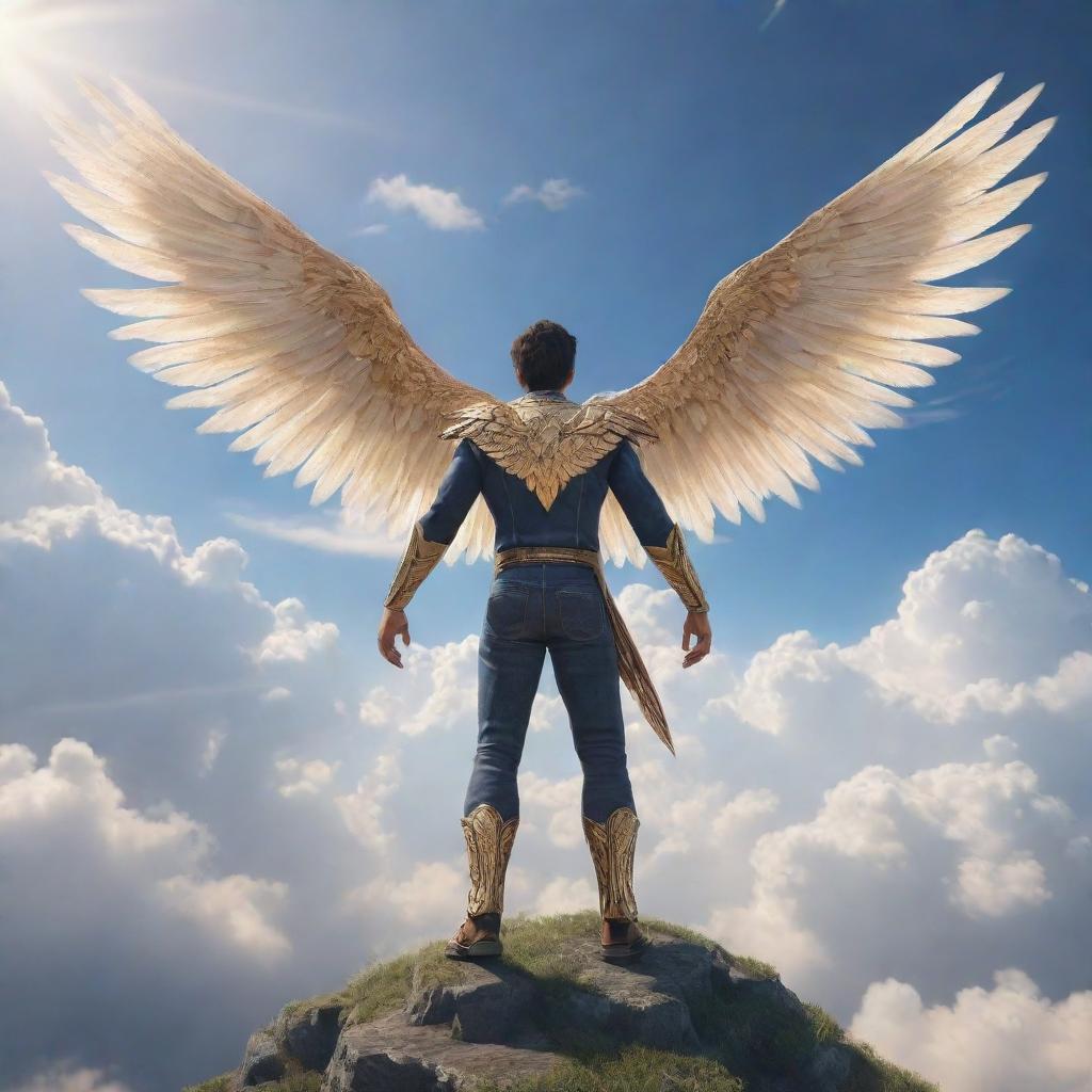 A video game character man sprouting magnificent wings, soaring through the sprawling sky with layers of clouds. His wings catch the sunlight, emphasising his majestic and fantastical persona.