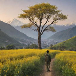 A scenic sunrise landscape featuring lush green hills with mustard flowers and cherry trees, a towering tree, and the Himalayan range. A 6.3 feet tall boy, reminiscent of Eren from Attack on Titans, strides towards the mountains.