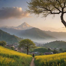 A scenic sunrise landscape featuring lush green hills with mustard flowers and cherry trees, a towering tree, and the Himalayan range. A 6.3 feet tall boy, reminiscent of Eren from Attack on Titans, strides towards the mountains.