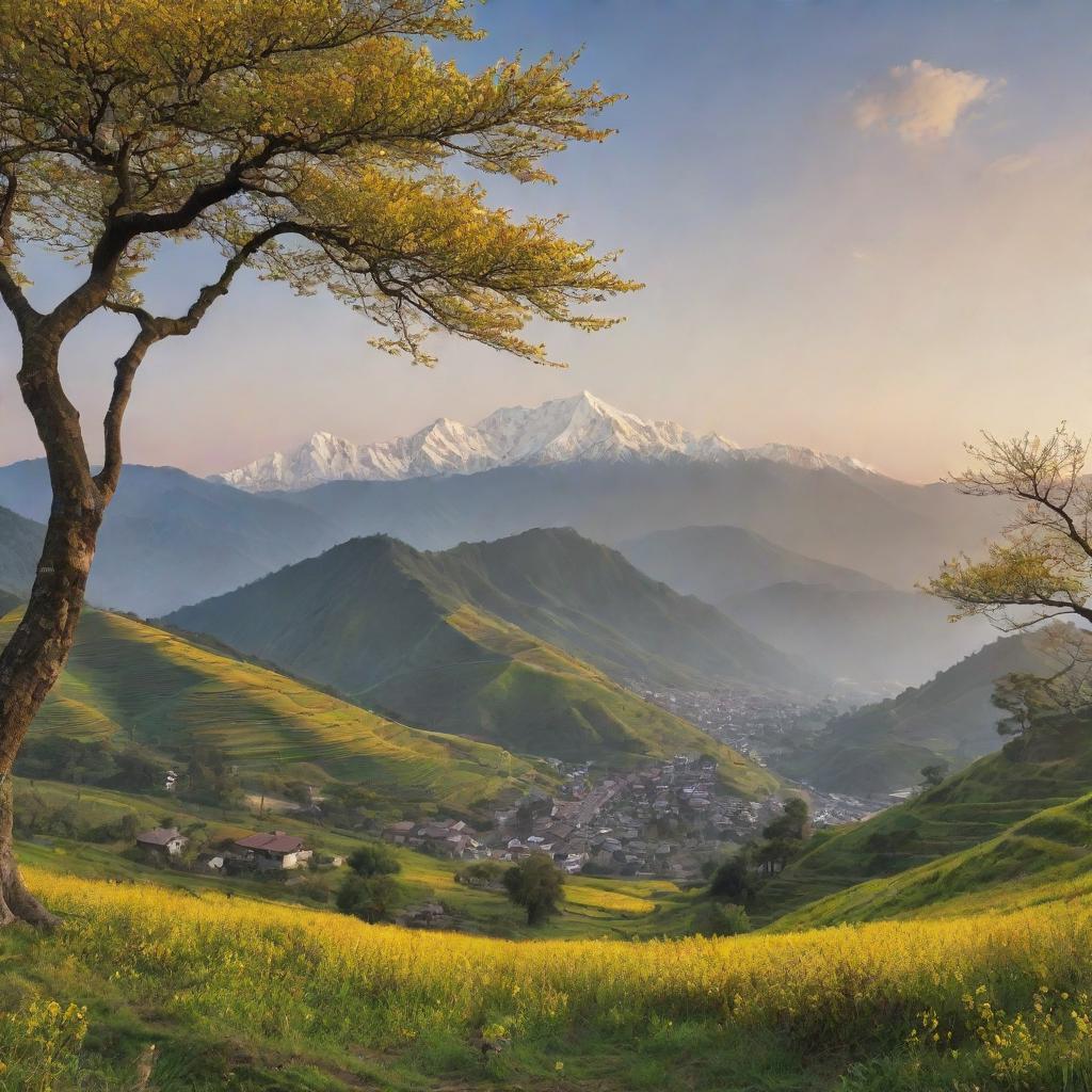 A scenic sunrise landscape featuring lush green hills with mustard flowers and cherry trees, a towering tree, and the Himalayan range. A 6.3 feet tall boy, reminiscent of Eren from Attack on Titans, strides towards the mountains.