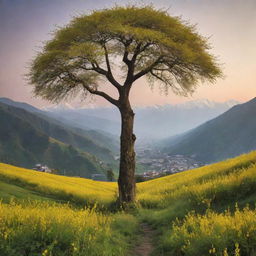 A scenic sunrise landscape featuring lush green hills with mustard flowers and cherry trees, a towering tree, and the Himalayan range. A 6.3 feet tall boy, reminiscent of Eren from Attack on Titans, strides towards the mountains.