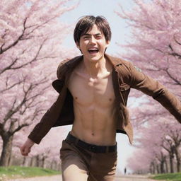 Eren Yeager from 'Attack on Titans', joyously running with arms wide open across a field of cherry blossom trees, his face alight with the glow of freedom and a broad smile.