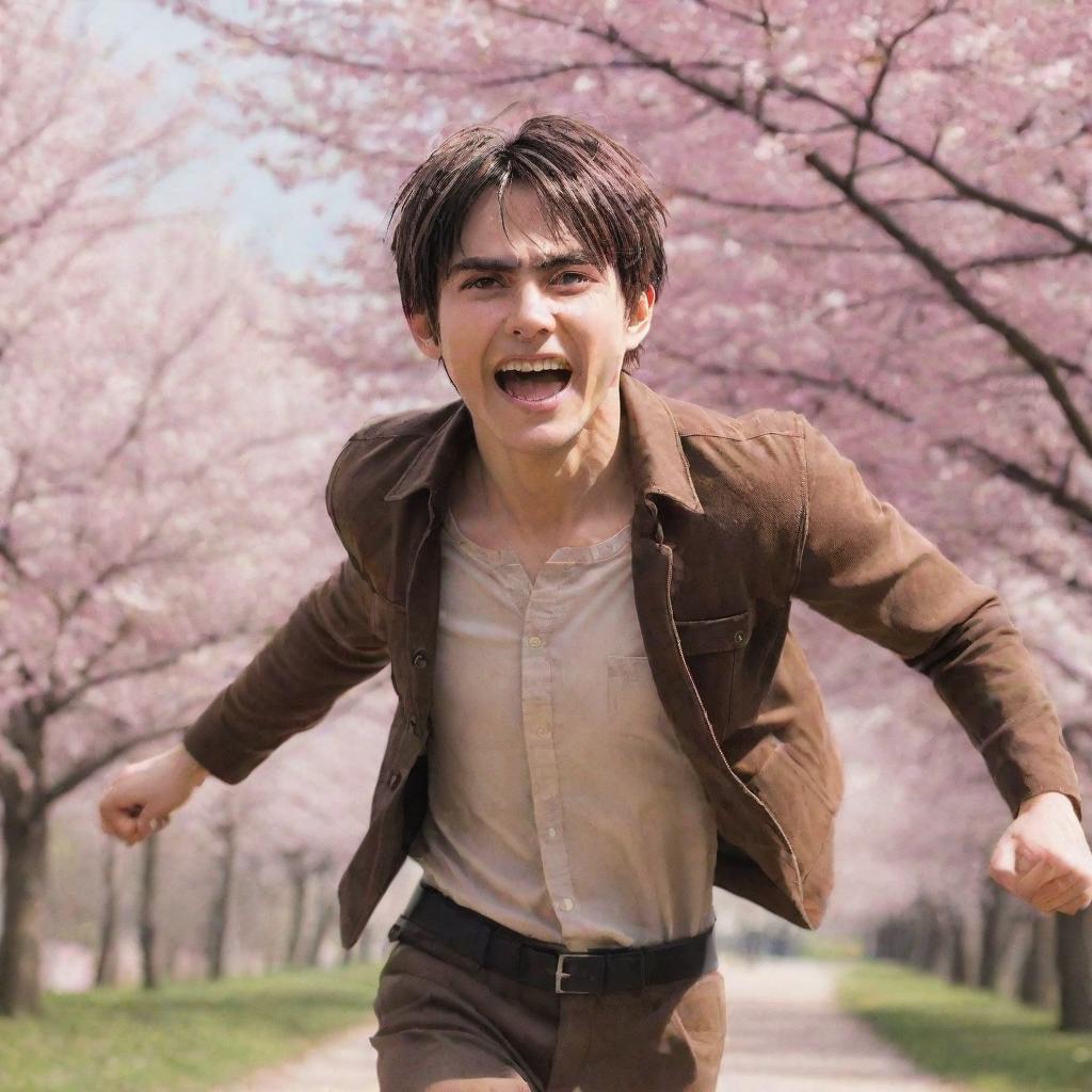 Eren Yeager from 'Attack on Titans', joyously running with arms wide open across a field of cherry blossom trees, his face alight with the glow of freedom and a broad smile.