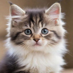 A small, adorable kitten with fluffy fur and bright, curious eyes.