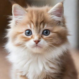 A small, adorable kitten with fluffy fur and bright, curious eyes.