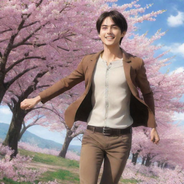 Anime scene of Eren Yeager from 'Attack on Titans', smiling widely and running blissfully with arms outstretched across a vibrant field blooming with cherry blossom trees.