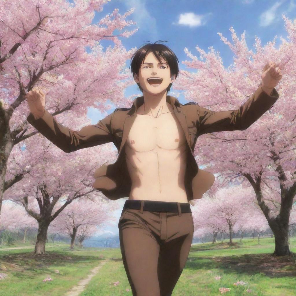 Anime scene of Eren Yeager from 'Attack on Titans', smiling widely and running blissfully with arms outstretched across a vibrant field blooming with cherry blossom trees.