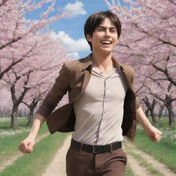 Anime scene of Eren Yeager from 'Attack on Titans', smiling widely and running blissfully with arms outstretched across a vibrant field blooming with cherry blossom trees.