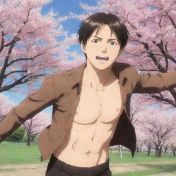 Anime scene of Eren Yeager from 'Attack on Titans', smiling widely and running blissfully with arms outstretched across a vibrant field blooming with cherry blossom trees.