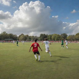 An intense game of soccer on a lush, vibrant pitch under a cloud-filled sky, with the players poised in mid-action, and the audience filled with anticipation