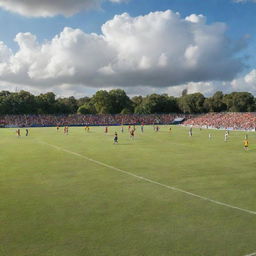 An intense game of soccer on a lush, vibrant pitch under a cloud-filled sky, with the players poised in mid-action, and the audience filled with anticipation