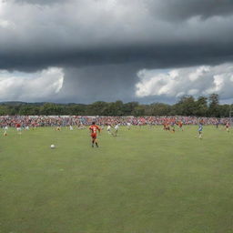 An intense game of soccer on a lush, vibrant pitch under a cloud-filled sky, with the players poised in mid-action, and the audience filled with anticipation