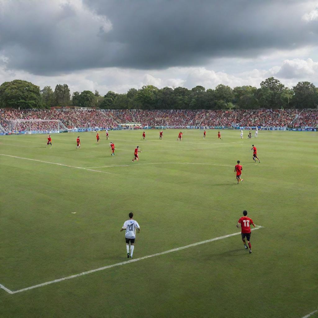 An intense game of soccer on a lush, vibrant pitch under a cloud-filled sky, with the players poised in mid-action, and the audience filled with anticipation