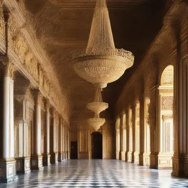 The grand entrance hall of the palace was adorned with a golden ferule, elegantly suspended from the ceiling.