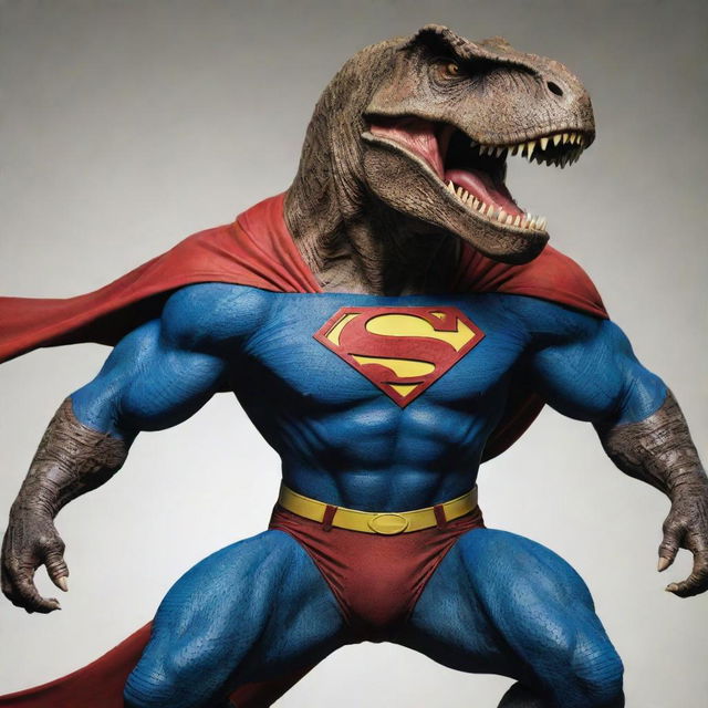 Superman transforming into a T-Rex, combining the iconic superhero elements with the ferocious and powerful physique of a T-Rex.