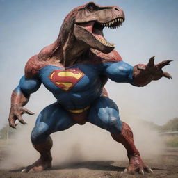 Superman transforming into a T-Rex, combining the iconic superhero elements with the ferocious and powerful physique of a T-Rex.