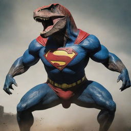 Superman transforming into a T-Rex, combining the iconic superhero elements with the ferocious and powerful physique of a T-Rex.