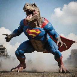 Superman transforming into a T-Rex, combining the iconic superhero elements with the ferocious and powerful physique of a T-Rex.