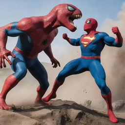 A scene depicting Spider-Man in a friendly defeat to Superman, who has transformed into a T-Rex, capturing the elements of surprise, strength and superhero aura.