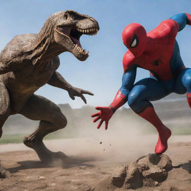 A scene depicting Spider-Man in a friendly defeat to Superman, who has transformed into a T-Rex, capturing the elements of surprise, strength and superhero aura.