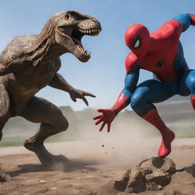 A scene depicting Spider-Man in a friendly defeat to Superman, who has transformed into a T-Rex, capturing the elements of surprise, strength and superhero aura.