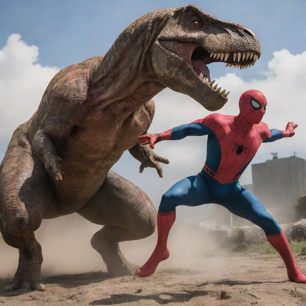 A scene depicting Spider-Man in a friendly defeat to Superman, who has transformed into a T-Rex, capturing the elements of surprise, strength and superhero aura.