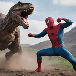 A scene depicting Spider-Man in a friendly defeat to Superman, who has transformed into a T-Rex, capturing the elements of surprise, strength and superhero aura.