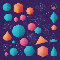 An illustrative depiction of various mathematical concepts, including geometric figures, algebraic formulas, and calculus graphs, using vibrant colors.