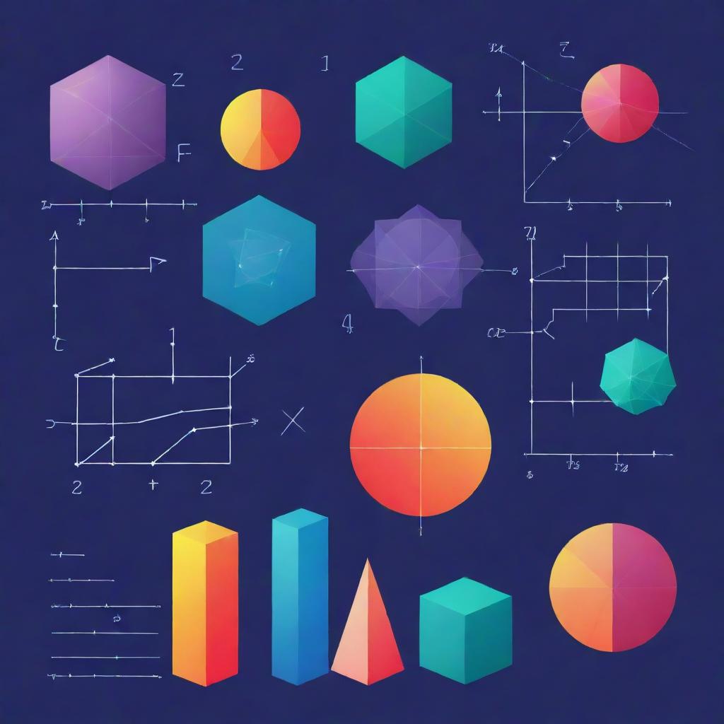 An illustrative depiction of various mathematical concepts, including geometric figures, algebraic formulas, and calculus graphs, using vibrant colors.