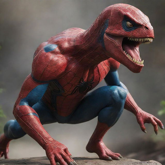 Spider-Man morphing into a T-Rex, mixing his characteristic red and blue suit with the mighty form and scale-laden skin of a T-Rex.